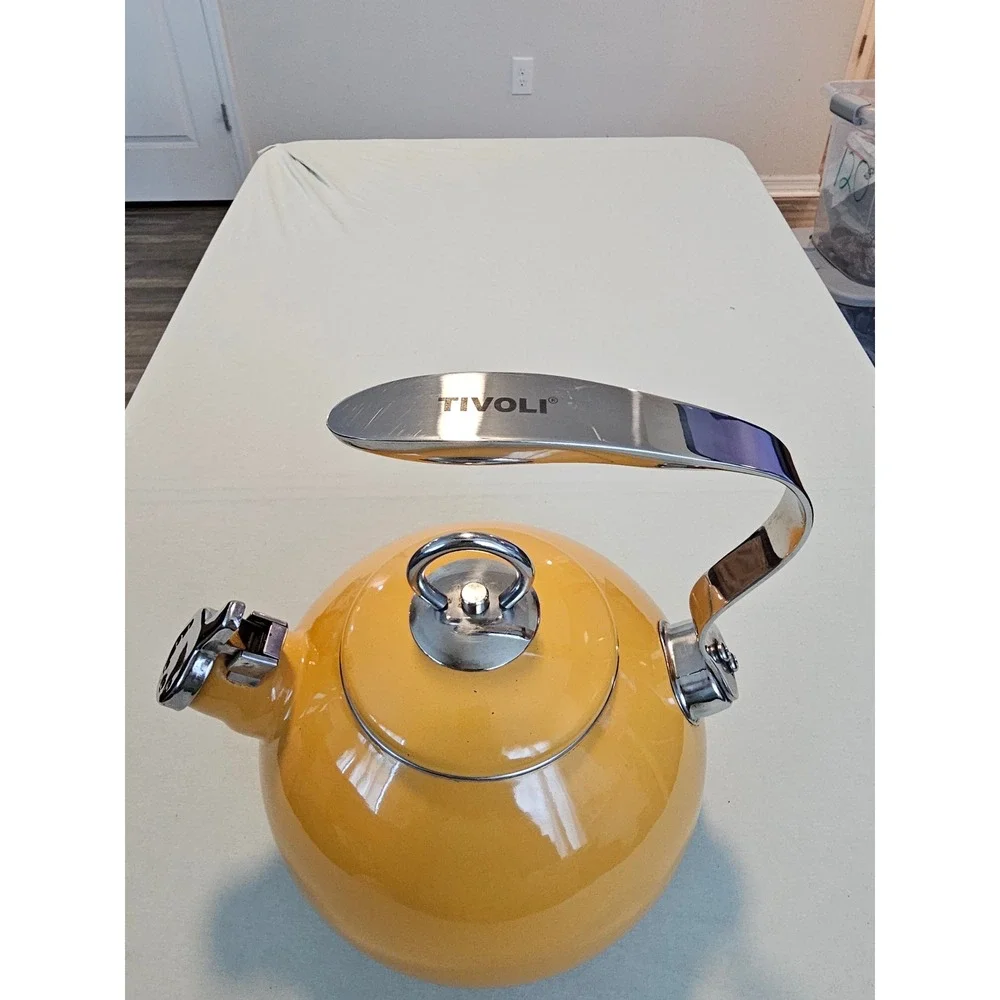 Tivoli Yellow Enamel Whistling Tea Kettle Stainless Steel Handle Stovetop Teapot